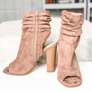 LULU’S Taupe Suede Ankle High Open Toe Bootie